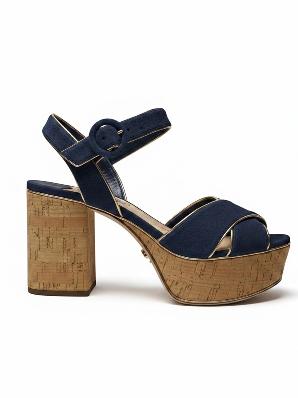 Prada Navy Leather Platform Sandal with Cork Heel